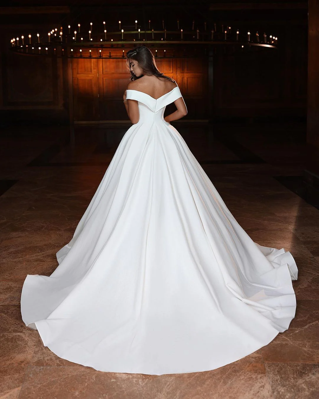Classic Long White A-line Off-the-shoulder V-neck Satin Wedding Dress - Image 3