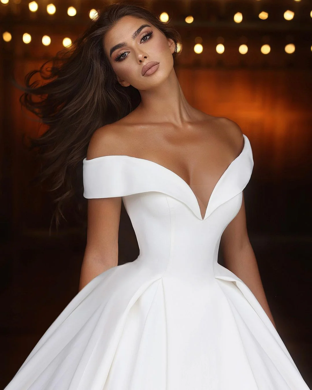 Classic Long White A-line Off-the-shoulder V-neck Satin Wedding Dress - Image 4