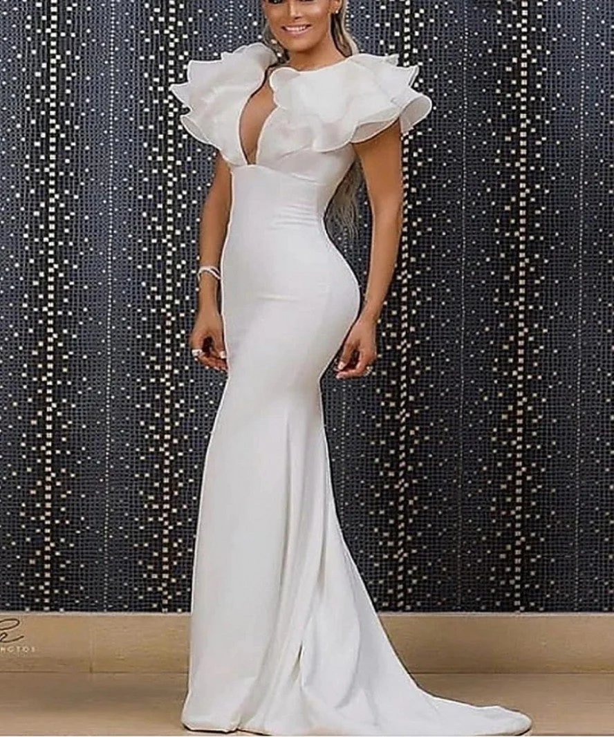 Charming Long White Mermaid V-neck Sleeveless Prom Dresses With Ruffles Long - Image 2