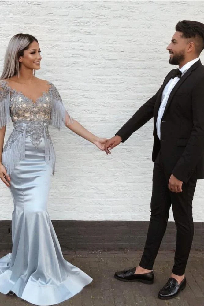 Elegant Mermaid Sky Blue Evening Gowns V-Neck Prom Dresses with Tassels - Image 2