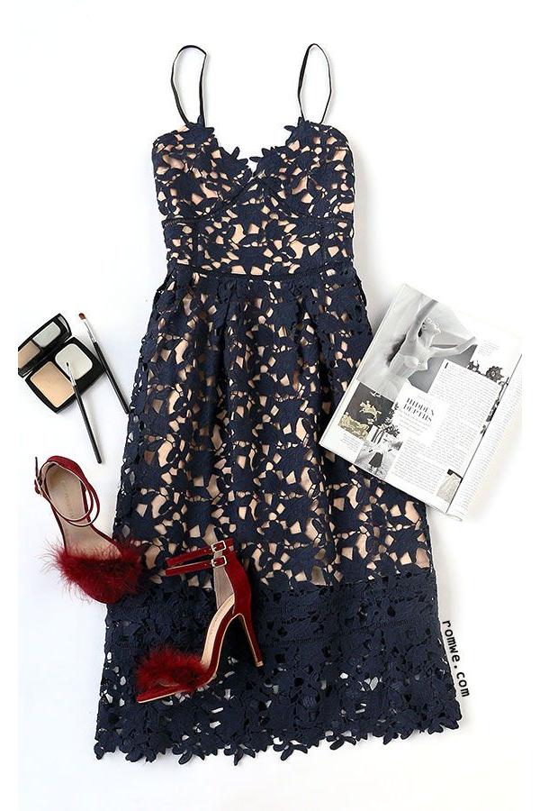 Elegant Navy Blue Lace Ankle-length Homecoming Dress - Image 3