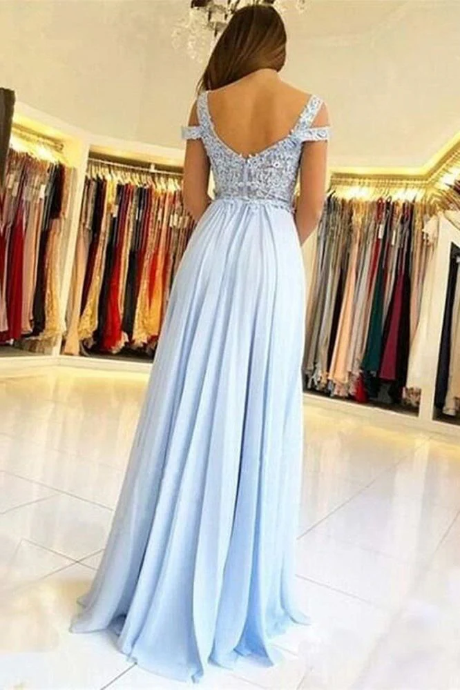 Elegant Off-the-shoulder Low Back Prom dresses with Chic High Split Ligh Sky blue Evening Gowns with Lace appliques - Image 2