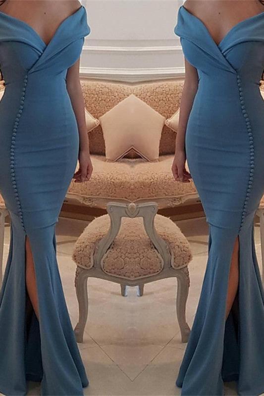 Elegant Off-the-Shoulder Slit Mermaid Buttons Evening Dress Long On Sale - Image 2