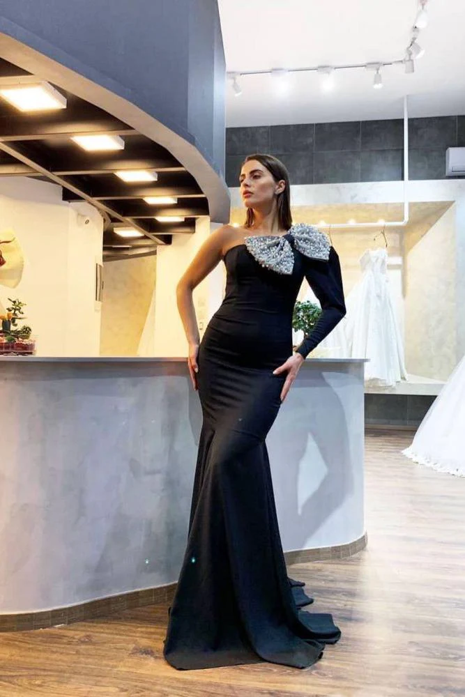 Elegant One-shoulder Black Sequined Bow Evening Dresses - Image 2