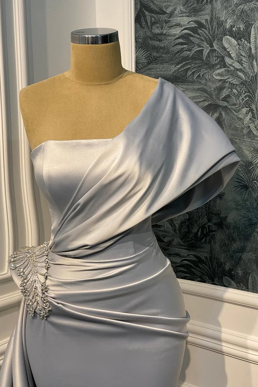 Elegant One Shoulder Satin Mermaid Prom Dresses Sheath Gem With Pleats Ruffles - Image 2