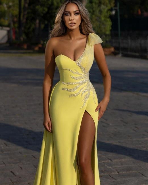 Elegant One-shoulder Yellow High split Sleevless Mermaid Prom Dress - Image 2
