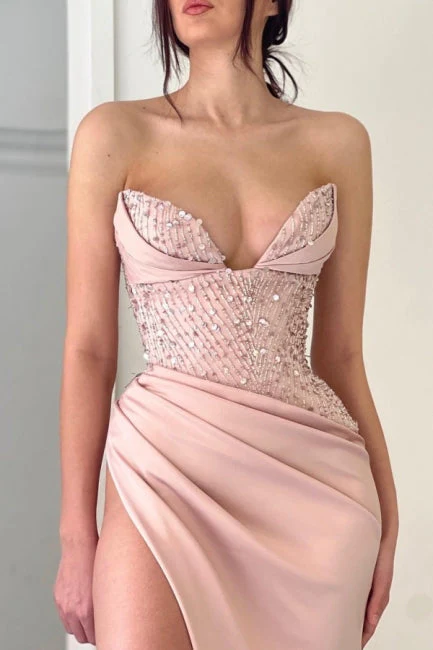 Gorgeous Peach V-neck Mermaid Graduation Dresses Long Fabulous Prom Dresses With Split Online - Image 3