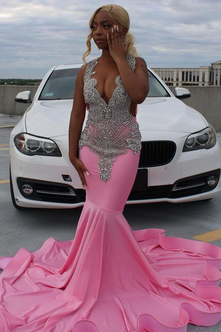 Elegant Pink Mermaid Court Train Prom Dresses wth Silver Beads - Image 3