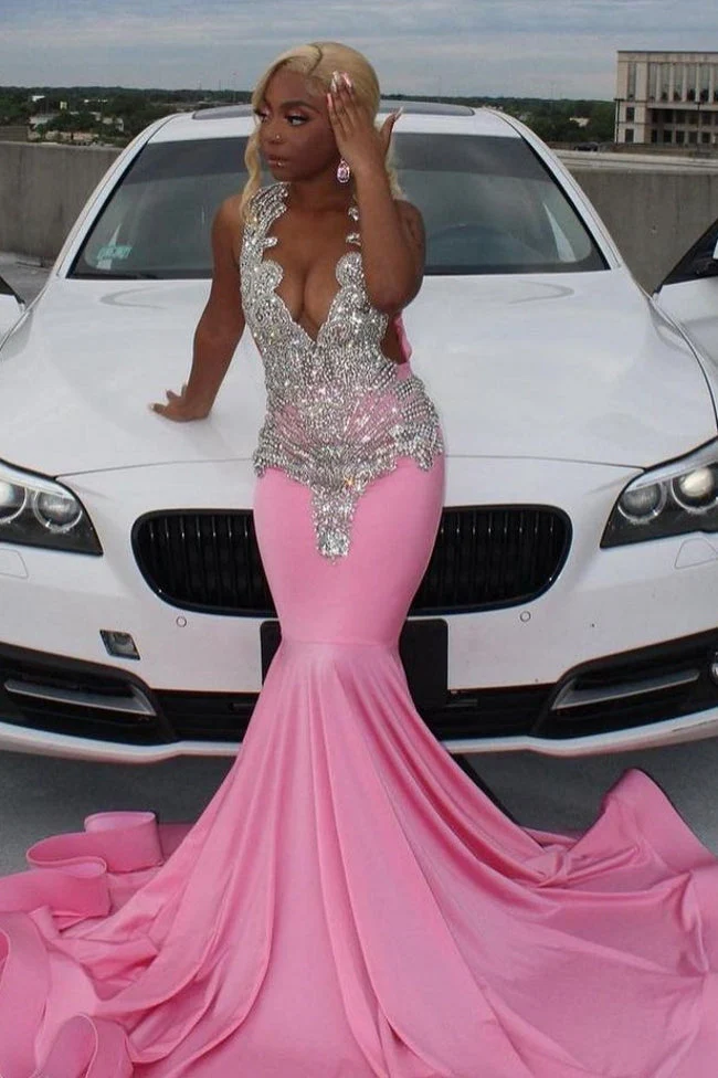 Elegant Pink Mermaid Court Train Prom Dresses wth Silver Beads - Image 4