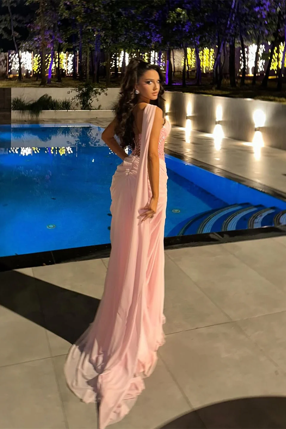 Elegant Pink Sweetheart Sleeveless Chiffon Prom Dress Sleeveless Sequins With Lace-Up Back - Image 2