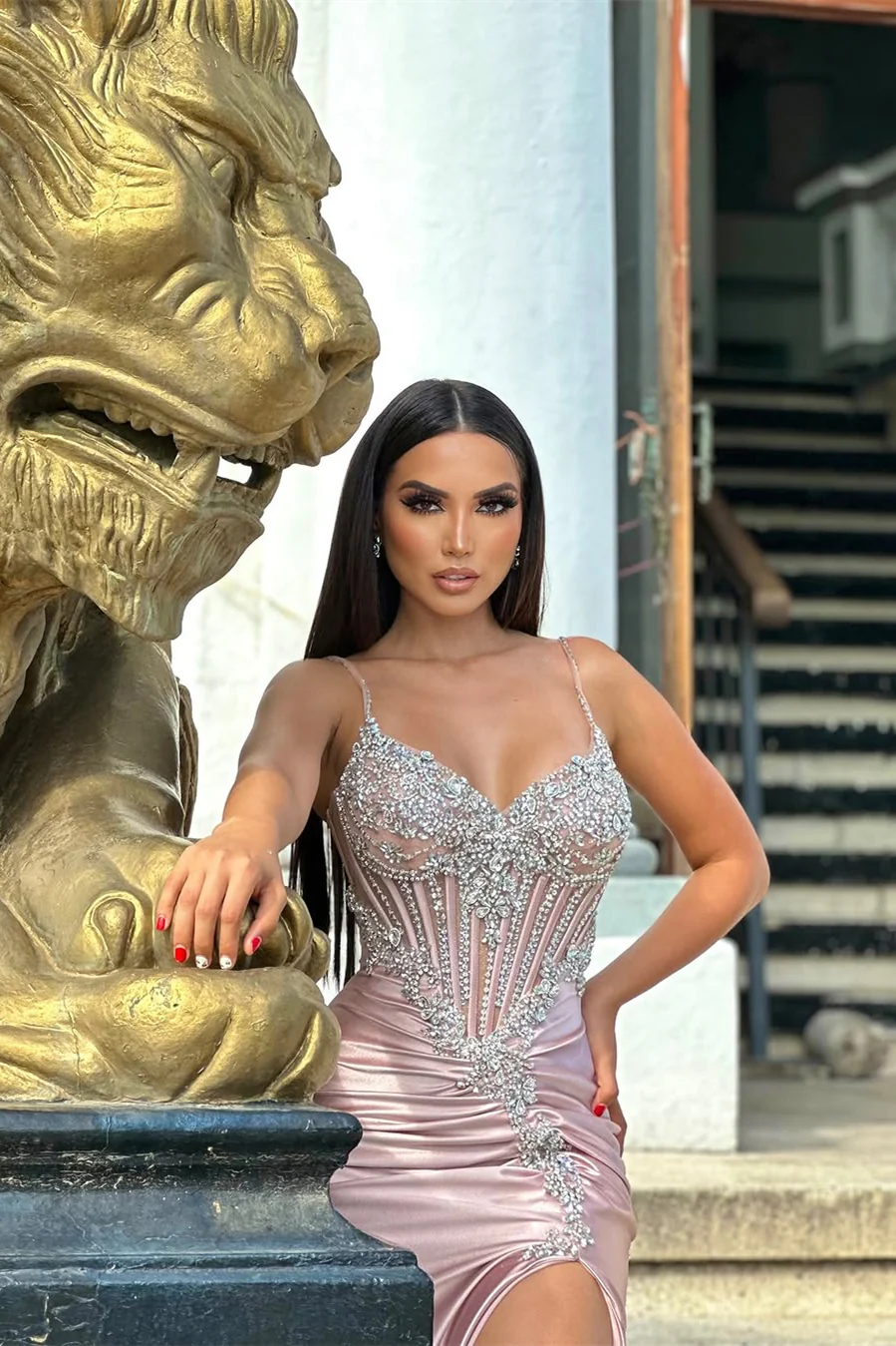 Elegant Pink V-Neck Spaghetti-Straps Sleeveless Satin Prom Dresses Mermaid Gem With High Split - Image 2