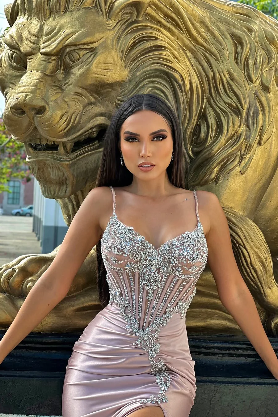 Elegant Pink V-Neck Spaghetti-Straps Sleeveless Satin Prom Dresses Mermaid Gem With High Split - Image 7