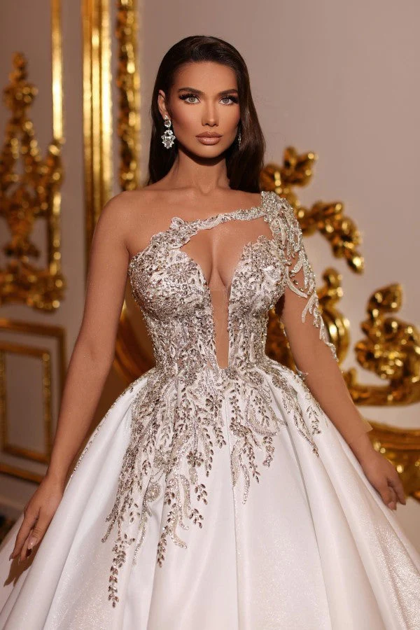 Fabulous Princess Long Long V-Neck One Shoulder Wedding Dresses Online - Image 2