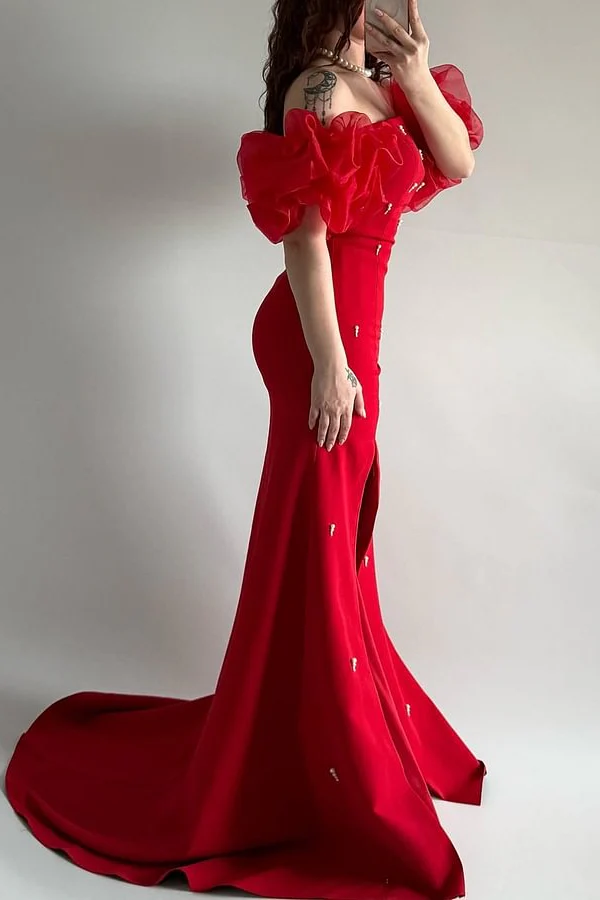 Elegant Red Strapless Mermaid Prom Dresses Bubbles Sleeves High Slit Sheath With Pearls - Image 2