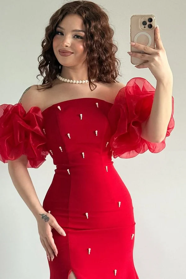 Elegant Red Strapless Mermaid Prom Dresses Bubbles Sleeves High Slit Sheath With Pearls - Image 3