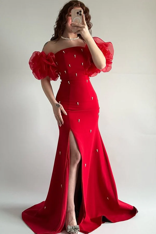 Elegant Red Strapless Mermaid Prom Dresses Bubbles Sleeves High Slit Sheath With Pearls - Image 4