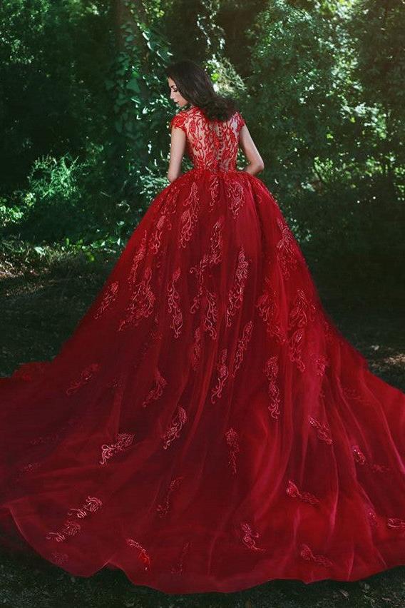 Elegant Red V-Neck OverSkirt Lace Applique Prom Dresses - Image 2