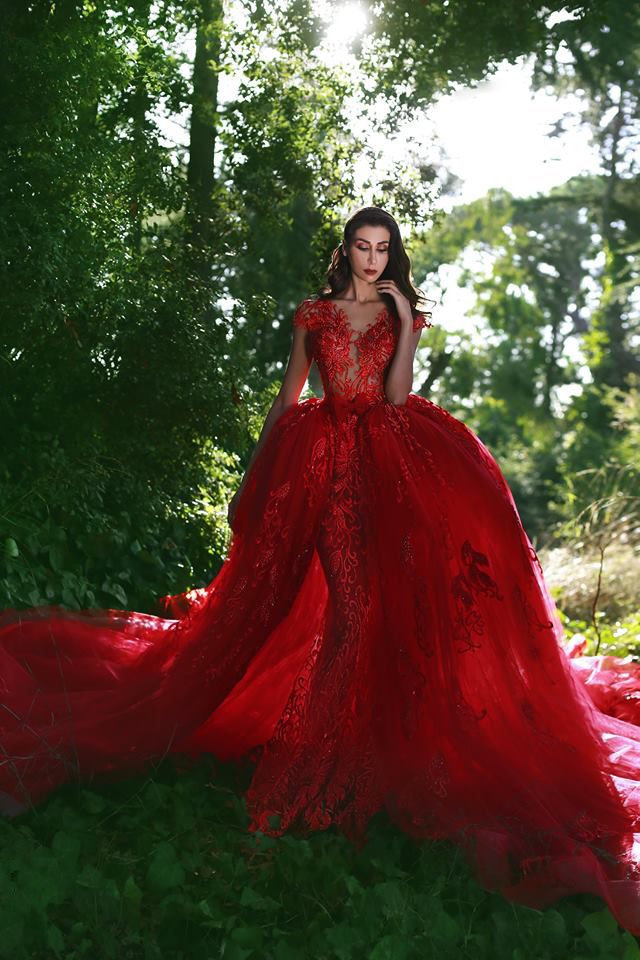 Elegant Red V-Neck OverSkirt Lace Applique Prom Dresses - Image 5