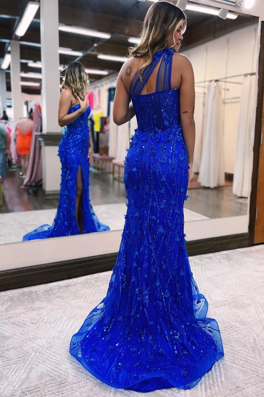 Gorgeous Royal Blue One Shoulder Mermaid Lace Prom Dress Split Online - Image 2