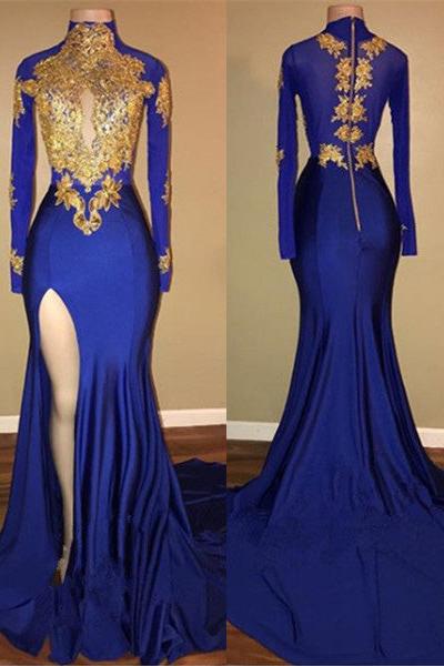 Elegant Royal Blue Prom Party GownsMermaid Long Sleeves With Appliques - Image 2