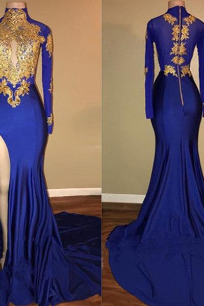Elegant Royal Blue Prom Party GownsMermaid Long Sleeves With Appliques - Image 3