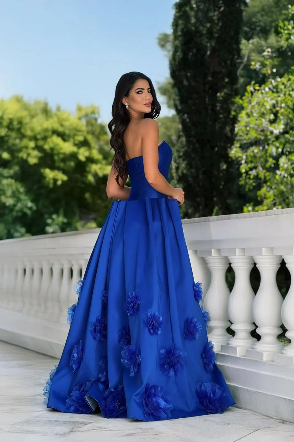 Elegant Royal Blue Strapless Sleeveless Satin Prom Dress A-Line With Zipper Flower - Image 2