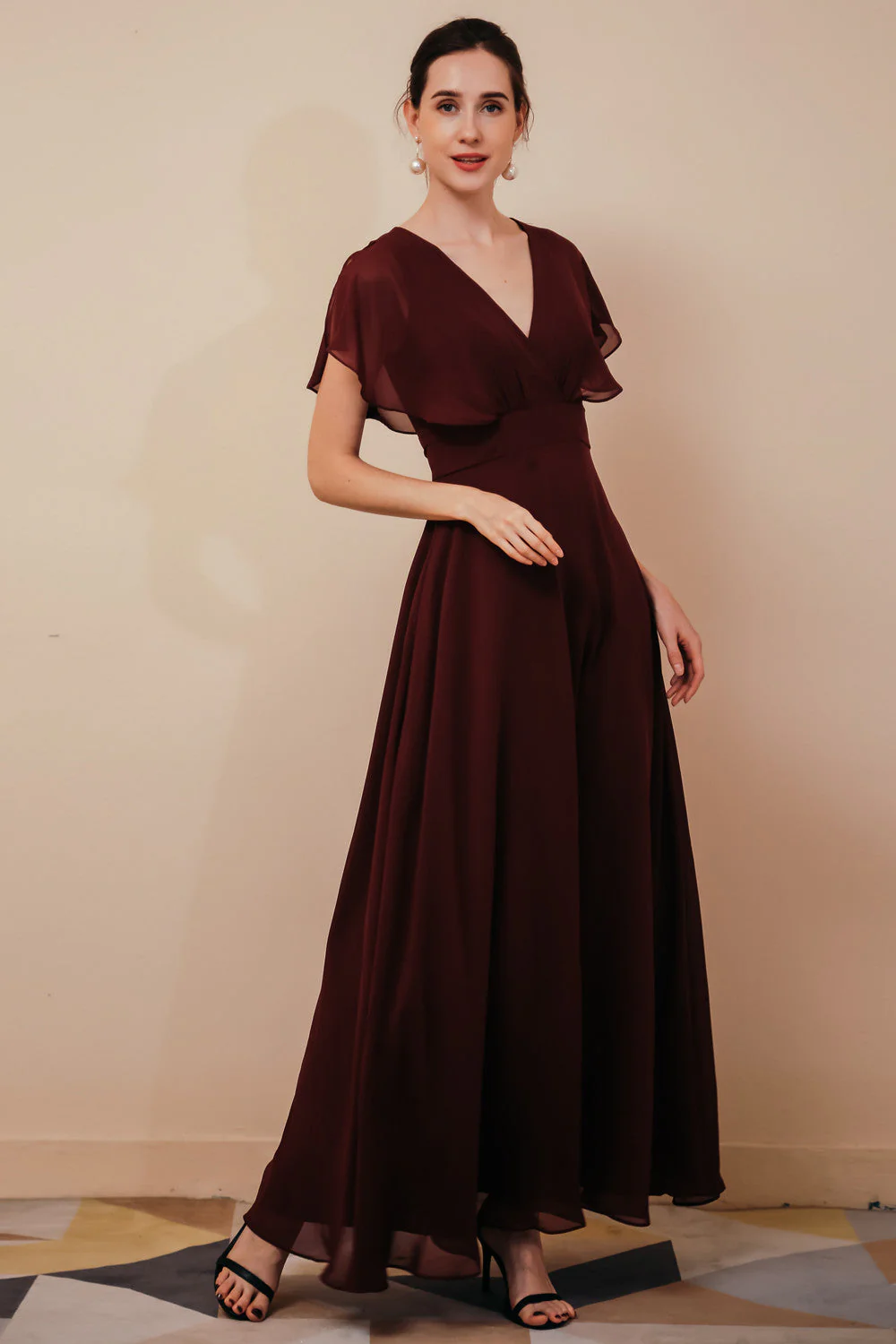 Elegant Rust Cool-shoulder V-neck Chiffon Evening Dress - Image 2