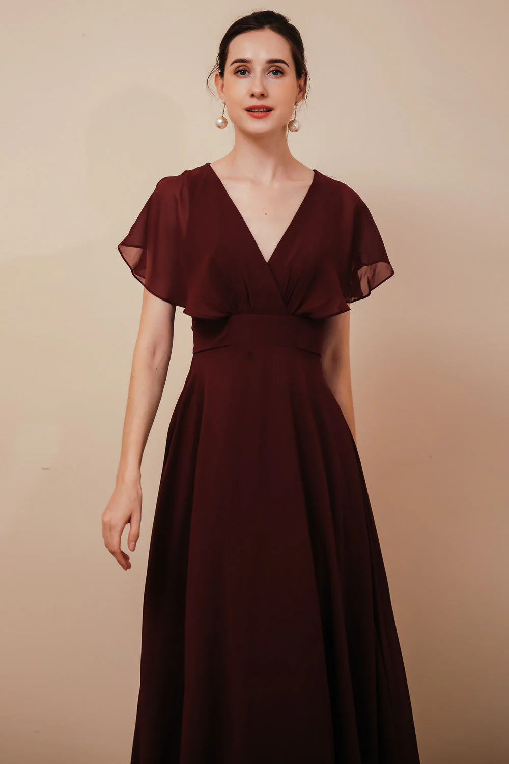 Elegant Rust Cool-shoulder V-neck Chiffon Evening Dress - Image 3