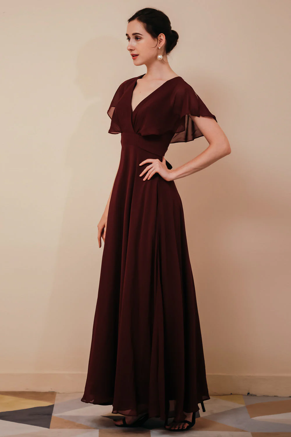 Elegant Rust Cool-shoulder V-neck Chiffon Evening Dress - Image 4
