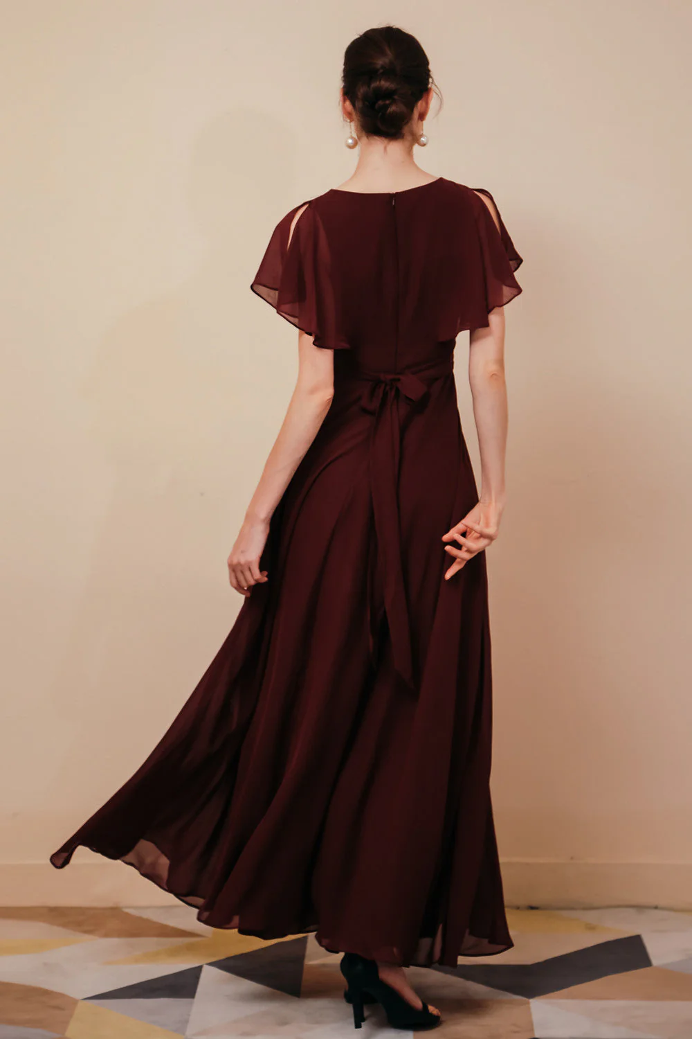 Elegant Rust Cool-shoulder V-neck Chiffon Evening Dress - Image 5