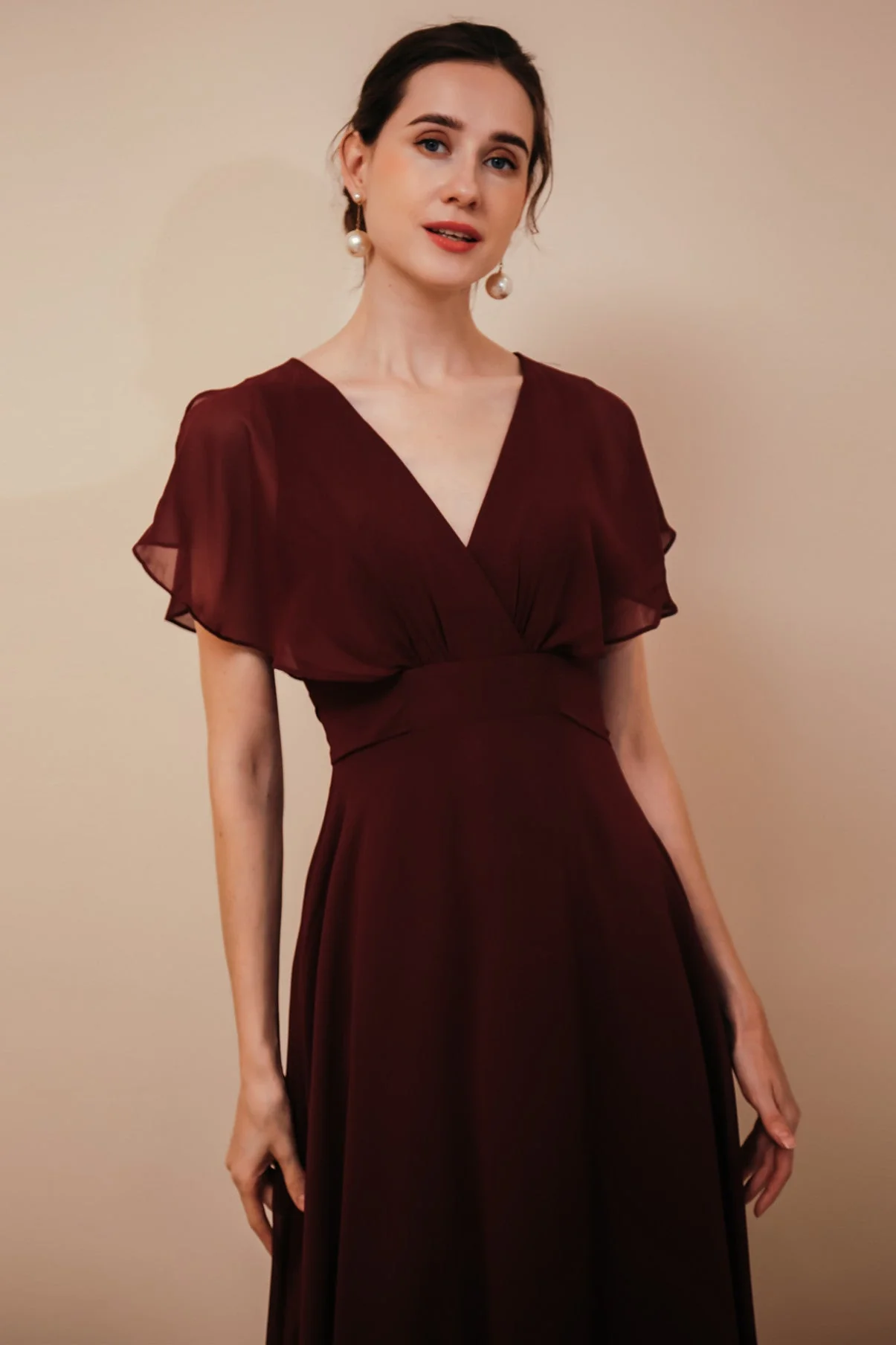 Elegant Rust Cool-shoulder V-neck Chiffon Evening Dress - Image 6