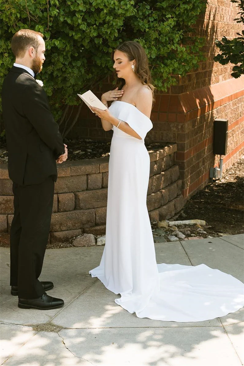 Elegant Satin Off-The-Shoulder Mermaid Wedding Dresses Sleeveless On Sale - Image 2