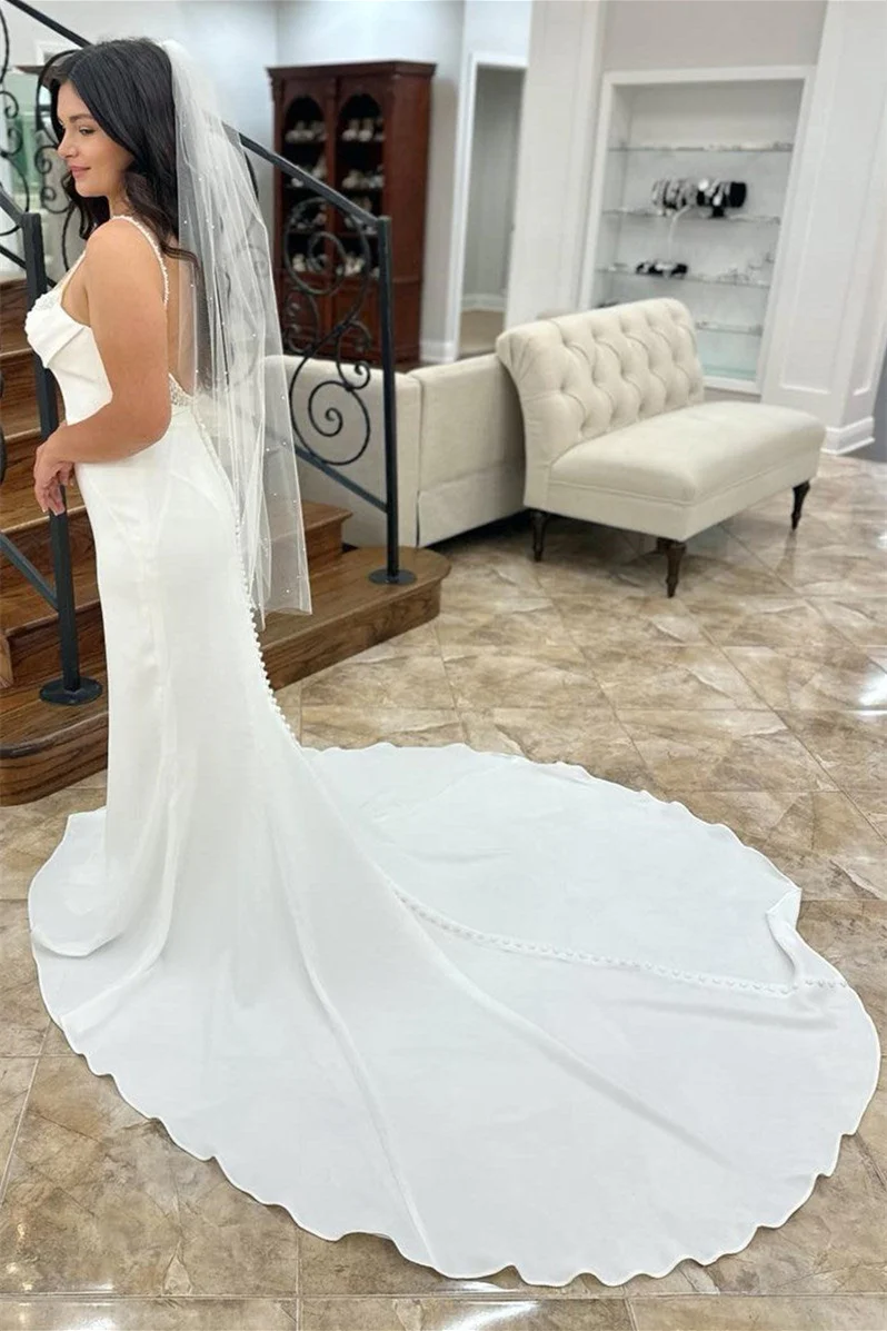 Elegant Satin Spaghetti-Straps Mermaid Wedding Dresses Sleeveless Open Back With Beads Buttons - Image 2