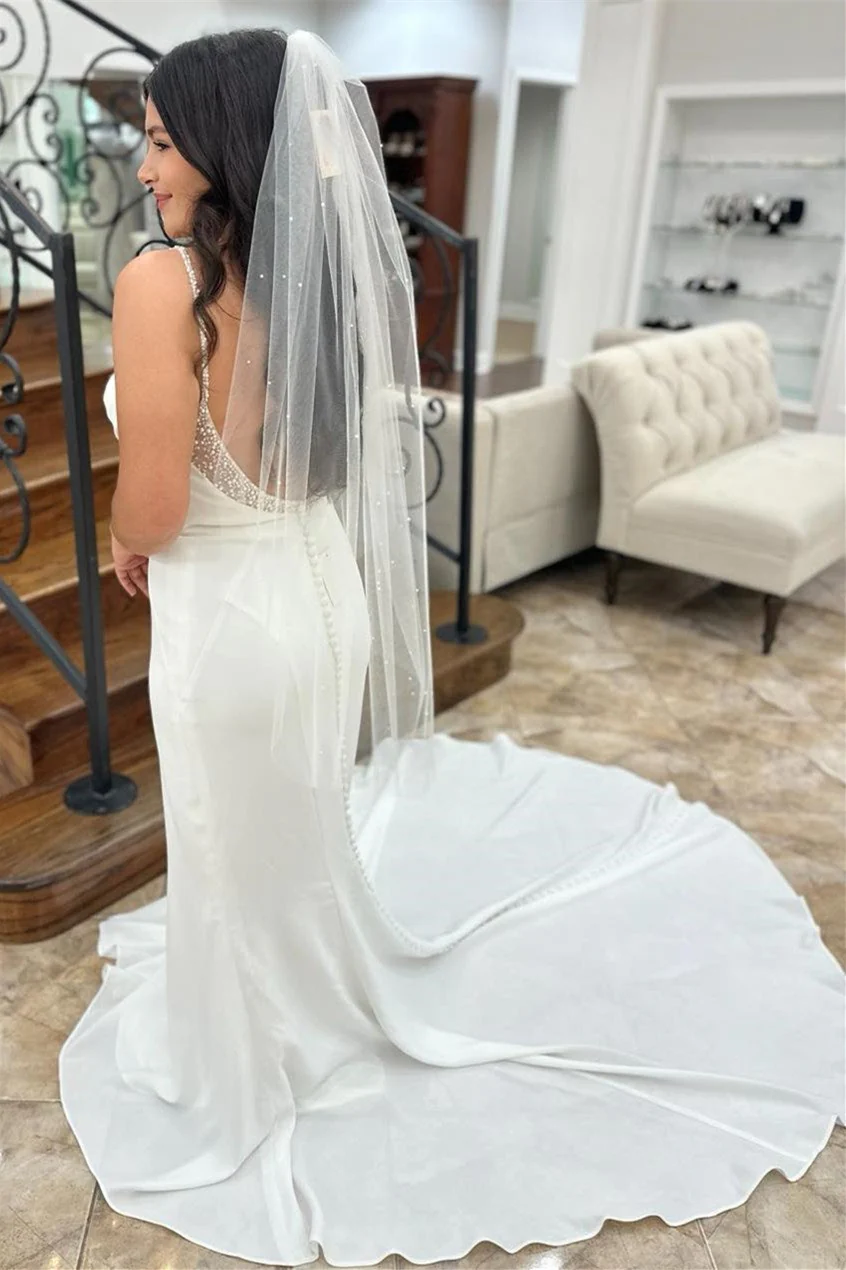 Elegant Satin Spaghetti-Straps Mermaid Wedding Dresses Sleeveless Open Back With Beads Buttons - Image 3