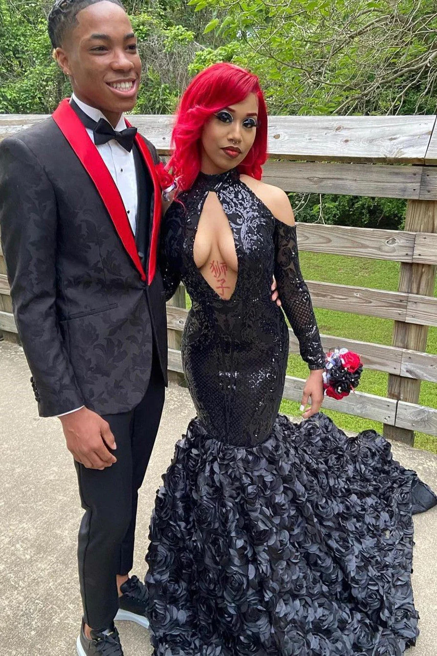 Sexy Black Sparkle Keyhole Mermaid Flowers Cold shoulder Prom Dresses - Image 2