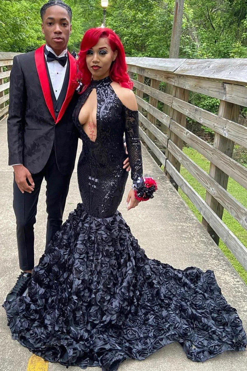 Sexy Black Sparkle Keyhole Mermaid Flowers Cold shoulder Prom Dresses - Image 3