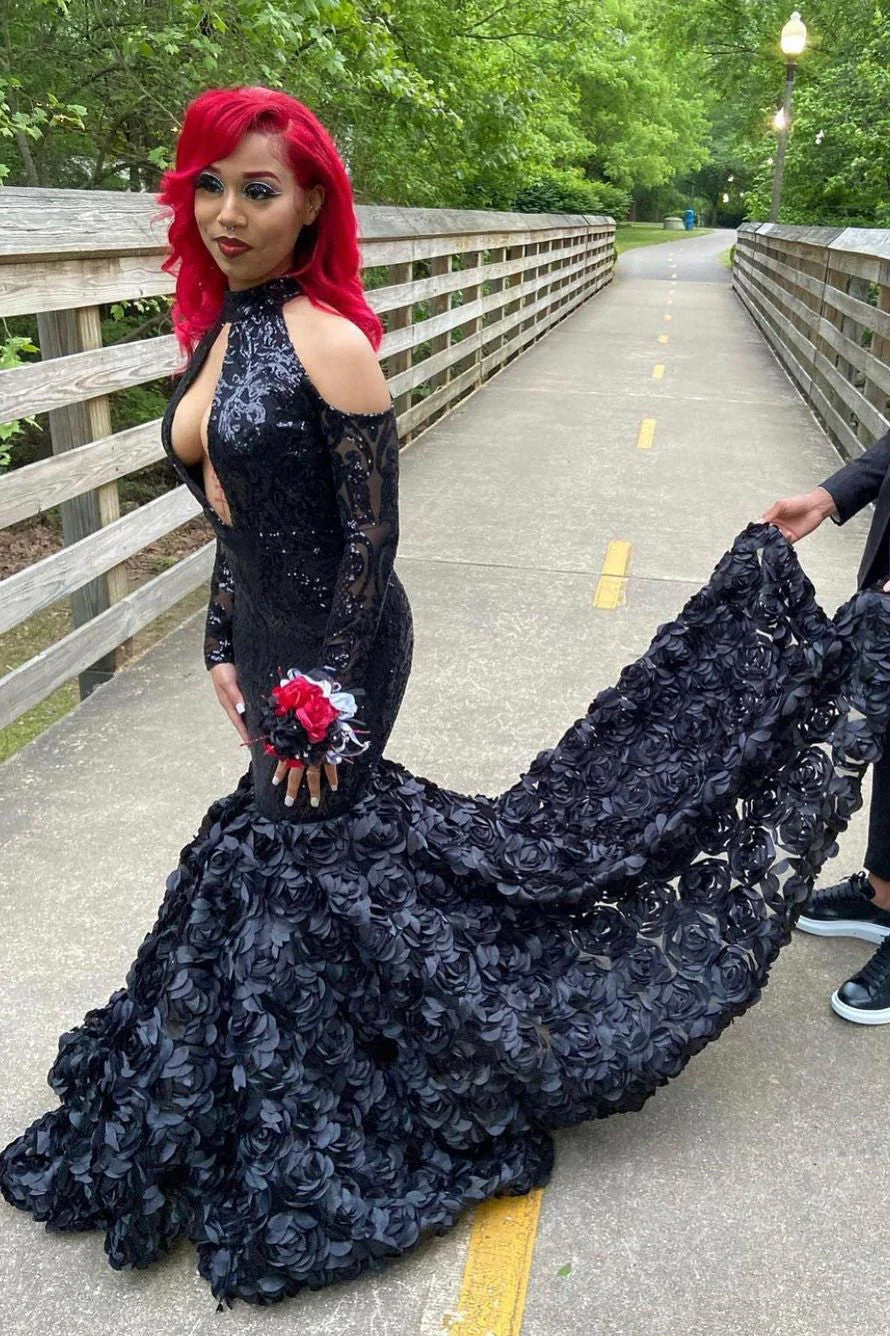 Sexy Black Sparkle Keyhole Mermaid Flowers Cold shoulder Prom Dresses - Image 4