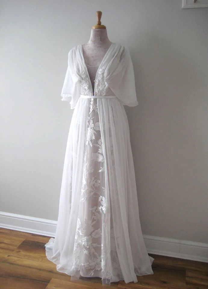 Elegant Wedding Dresses V Neck Half Sleeves Backless Lace Bridal Gown - Image 3