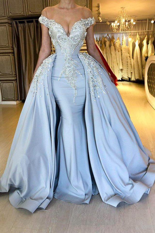 Elegant Sky Blue Mermaid Off-the-Shoulder Prom Dresses Sweetheart Discount Overskirt Evening Dresses On Sale - Image 2
