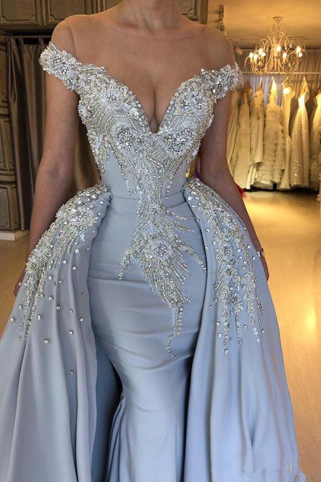 Elegant Sky Blue Mermaid Off-the-Shoulder Prom Dresses Sweetheart Discount Overskirt Evening Dresses On Sale - Image 4