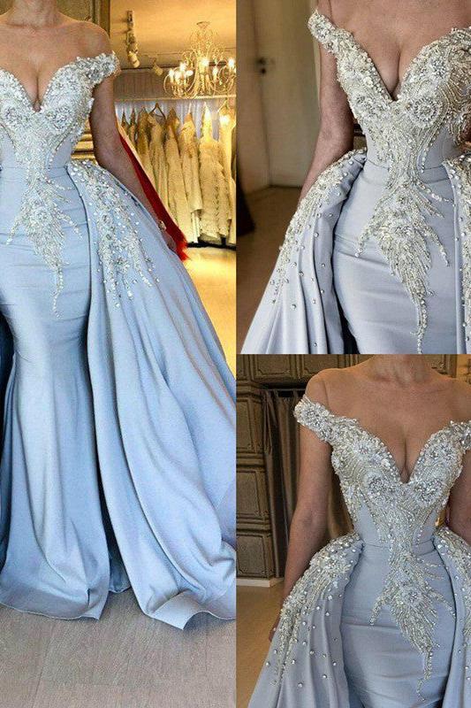 Elegant Sky Blue Mermaid Off-the-Shoulder Prom Dresses Sweetheart Discount Overskirt Evening Dresses On Sale - Image 5