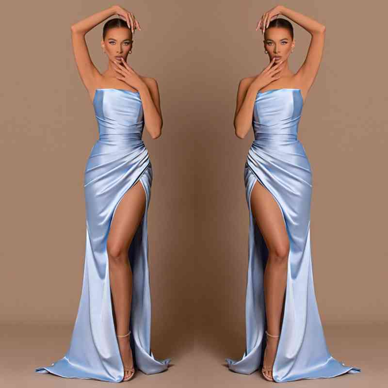 Elegant Sky Blue Strapless Mermaid Prom Dress Long Split - Image 3