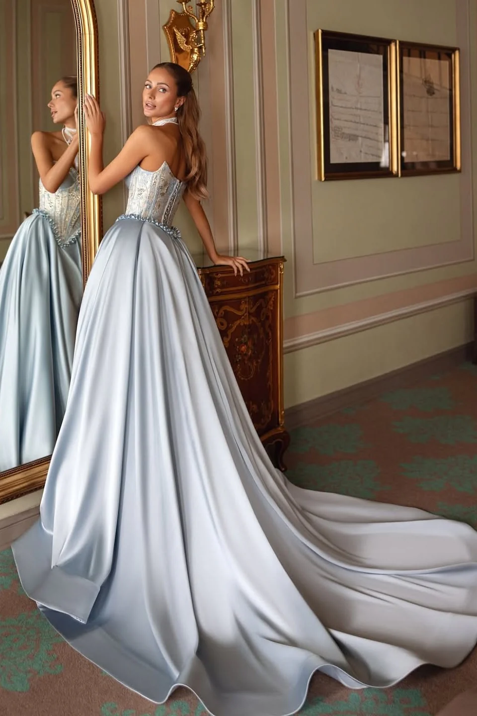 Elegant Sky Blue Sweetheart Satin A-Line Prom Dresses Bubbles Sleeves High Slit With Pleats Beads - Image 2