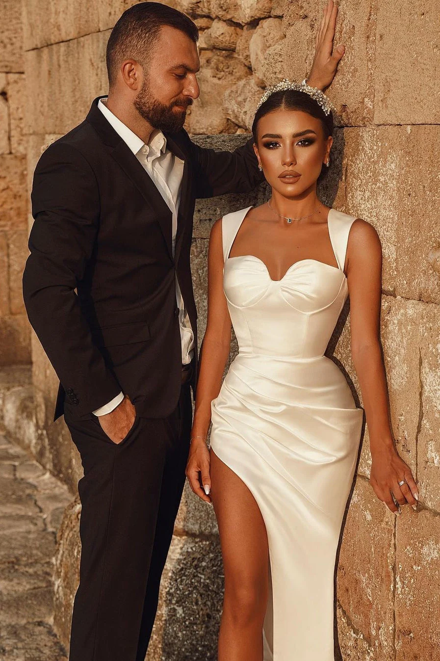 Elegant Sleeveless Straps Ivory High split Sweetheart Wedding Dresses - Image 3