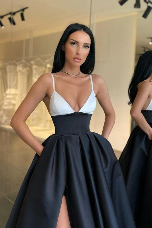 Elegant Spaghetti-Straps Black and White Prom Dress Long With Slit - Image 2