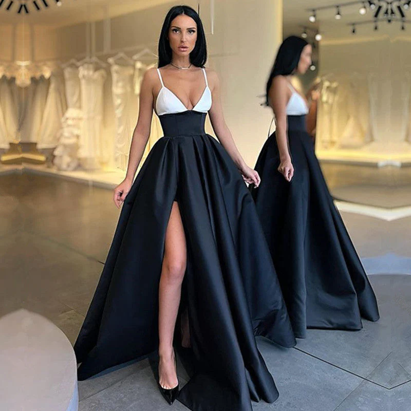 Elegant Spaghetti-Straps Black and White Prom Dress Long With Slit - Image 3