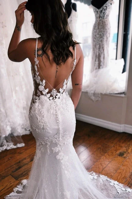 Fabulous Spaghetti-Straps Sleeveless Mermaid Lace Wedding Dresses Online - Image 3