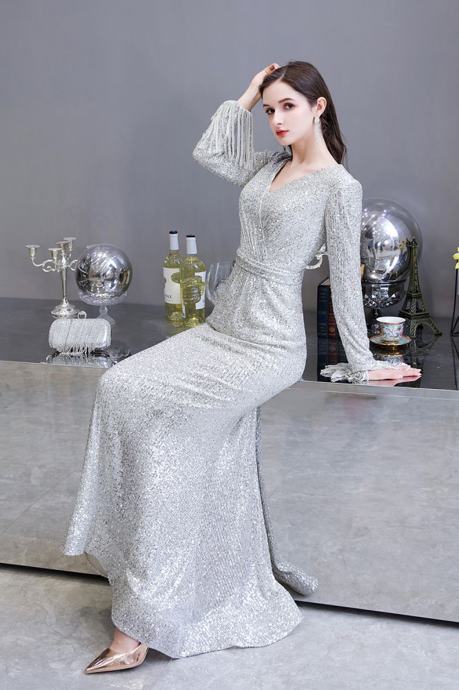 Elegant Sparkle Sequined Burgundy Long Sleeves V-neck Mermaid Long Prom Party Gowns - Image 10