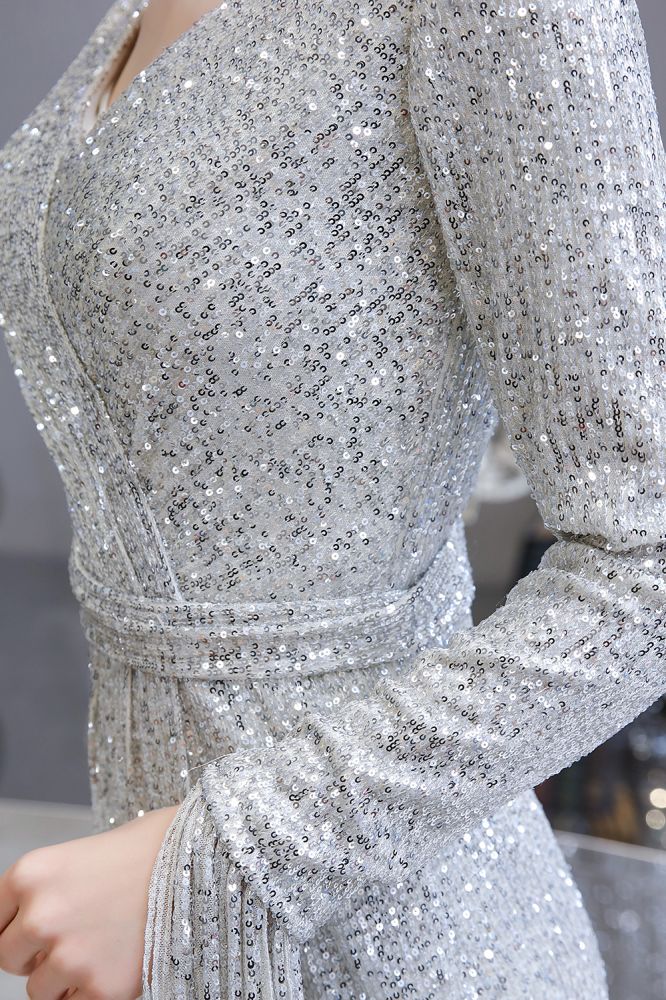 Elegant Sparkle Sequined Burgundy Long Sleeves V-neck Mermaid Long Prom Party Gowns - Image 11