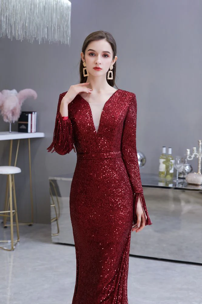 Elegant Sparkle Sequined Burgundy Long Sleeves V-neck Mermaid Long Prom Party Gowns - Image 12